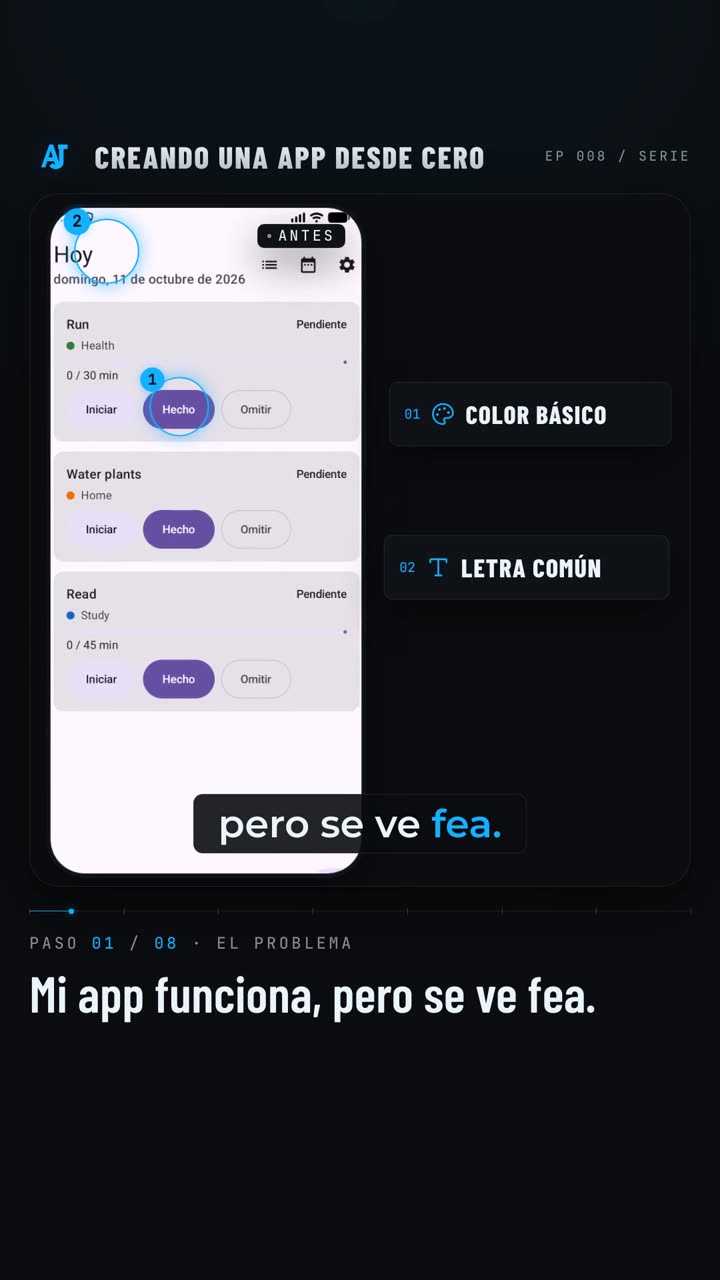 Cómo se veía mi app antes: color básico y letra común